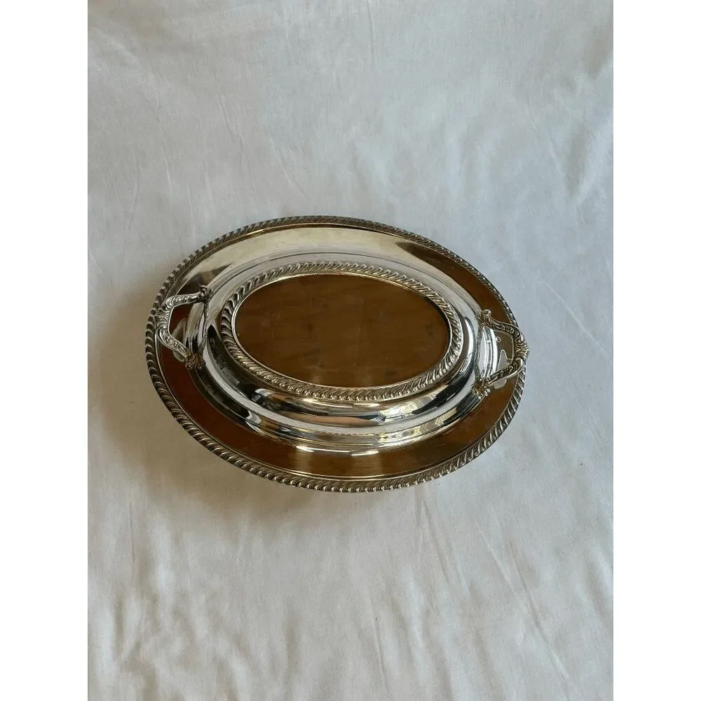 Small Silver Serving Platter with Lid & Handles, Mid Century, Classic, Elegant